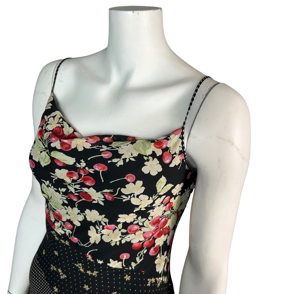 90s Slip Dress Cherries Floral Size 1/2 XS Express Silk Patchwork Retro - Picture 7 of 12